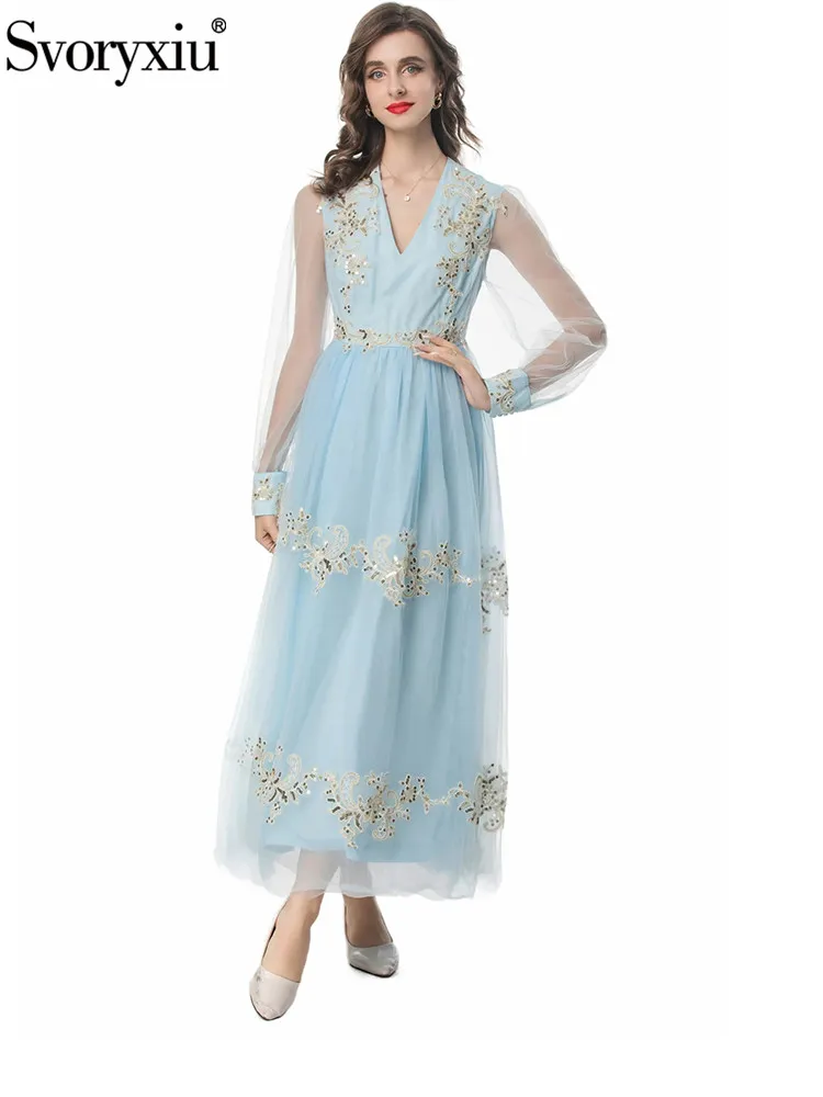 

Svoryxiu Fashion Runway Summer Party Light Blue Elegant Dress Women's V-Neck Lantern Sleeve Net Yarn Sequins Embroidery Dress