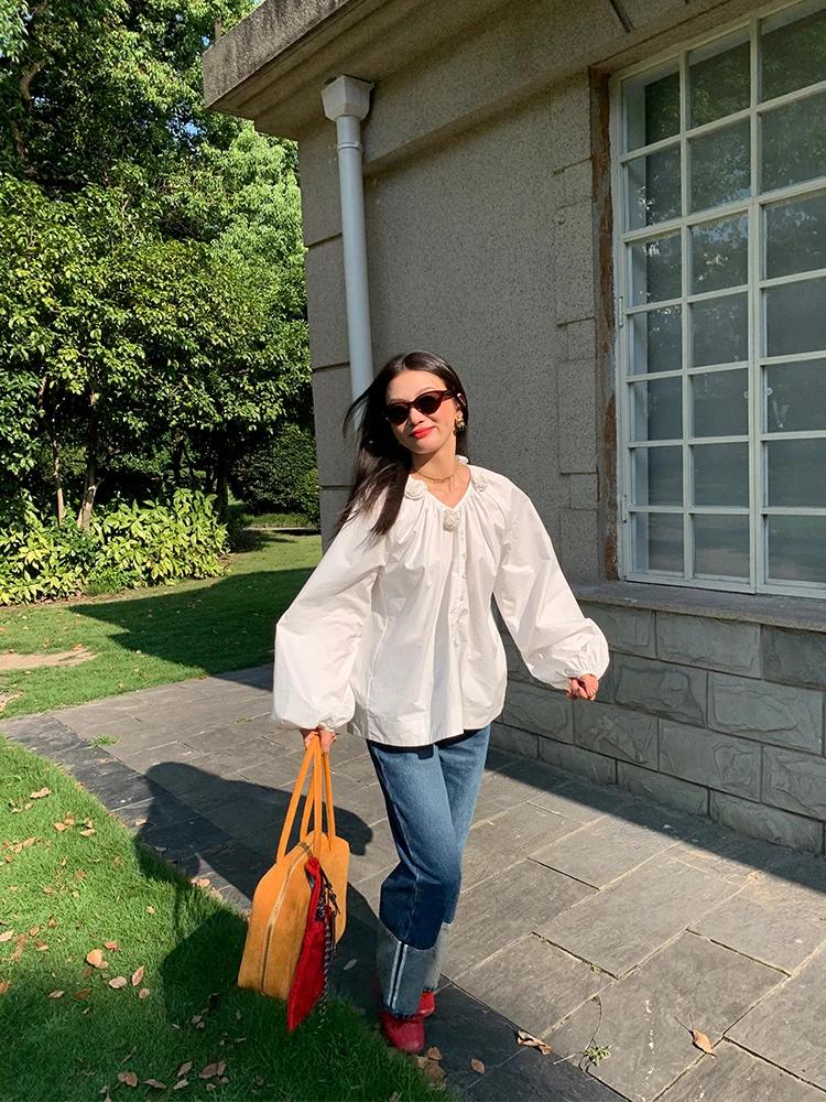 

New Chinese Sle Women's White irt Loose Fit round Ne Long Sve Cotton Pure Color Original Design Fall Faion 2024