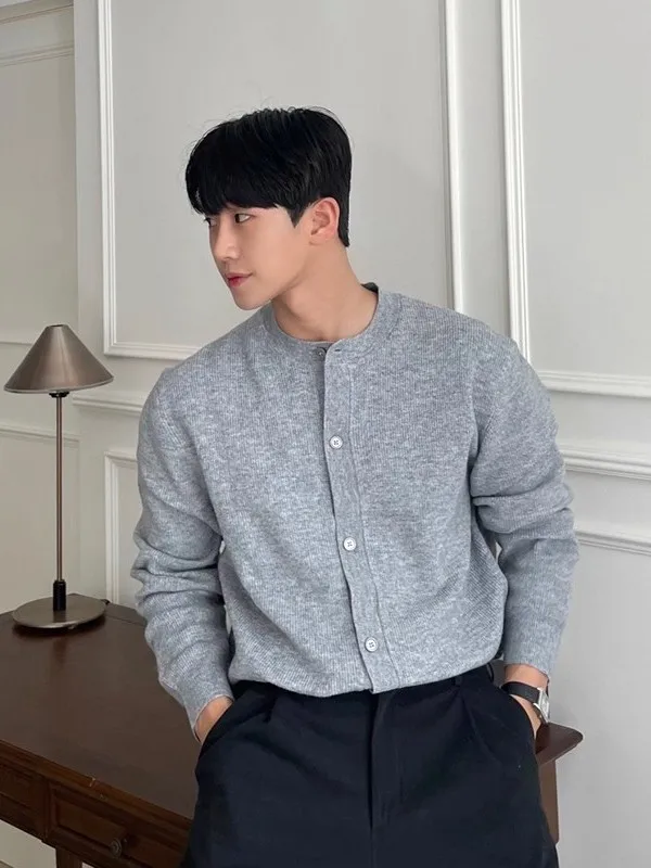 

Korean Sle round Ne Knitted Cardigan Men's Casual Loose Commute Versatile Sweater Jaet Soft Pure Color Winter Outerwear