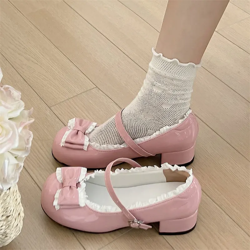 Pink Cute Ballet Shoes Women sweet Bowtie Lolita shoes Round Toe Chunky Heel Mary Jane Shoes Ladies Elegant Shallow Sandals