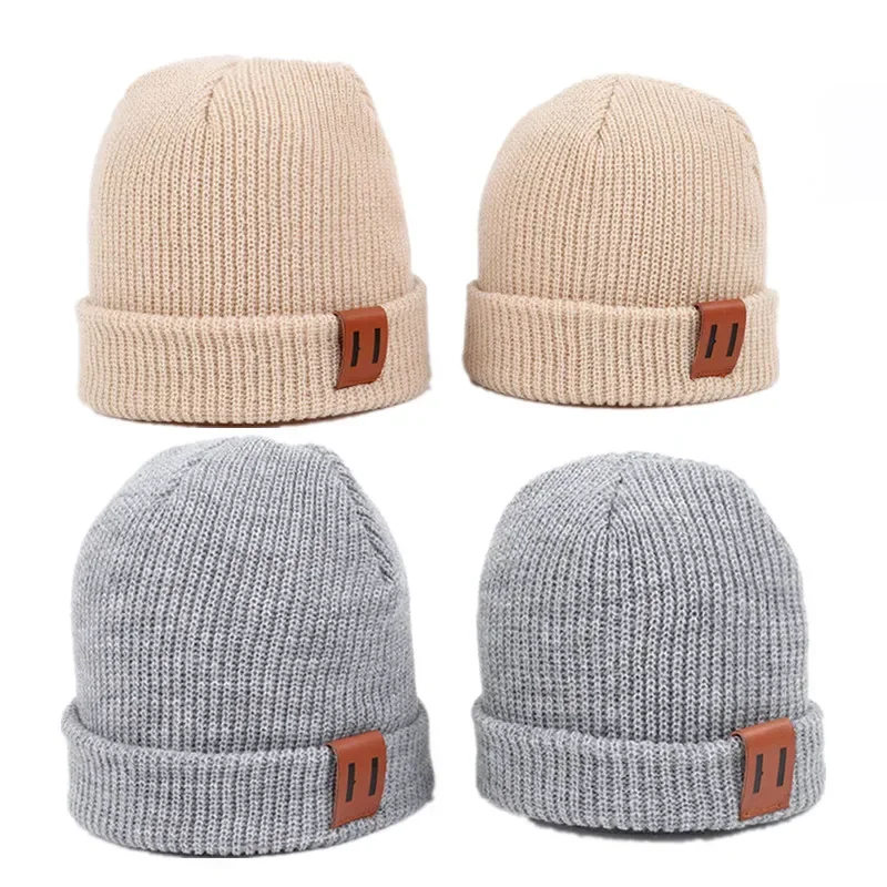 Baby Knit Hat for Boys Girls Autumn Winter Warm Kids Beanie Adult Children Parent-Child Hats Newborn Baby Cap with Leather Label