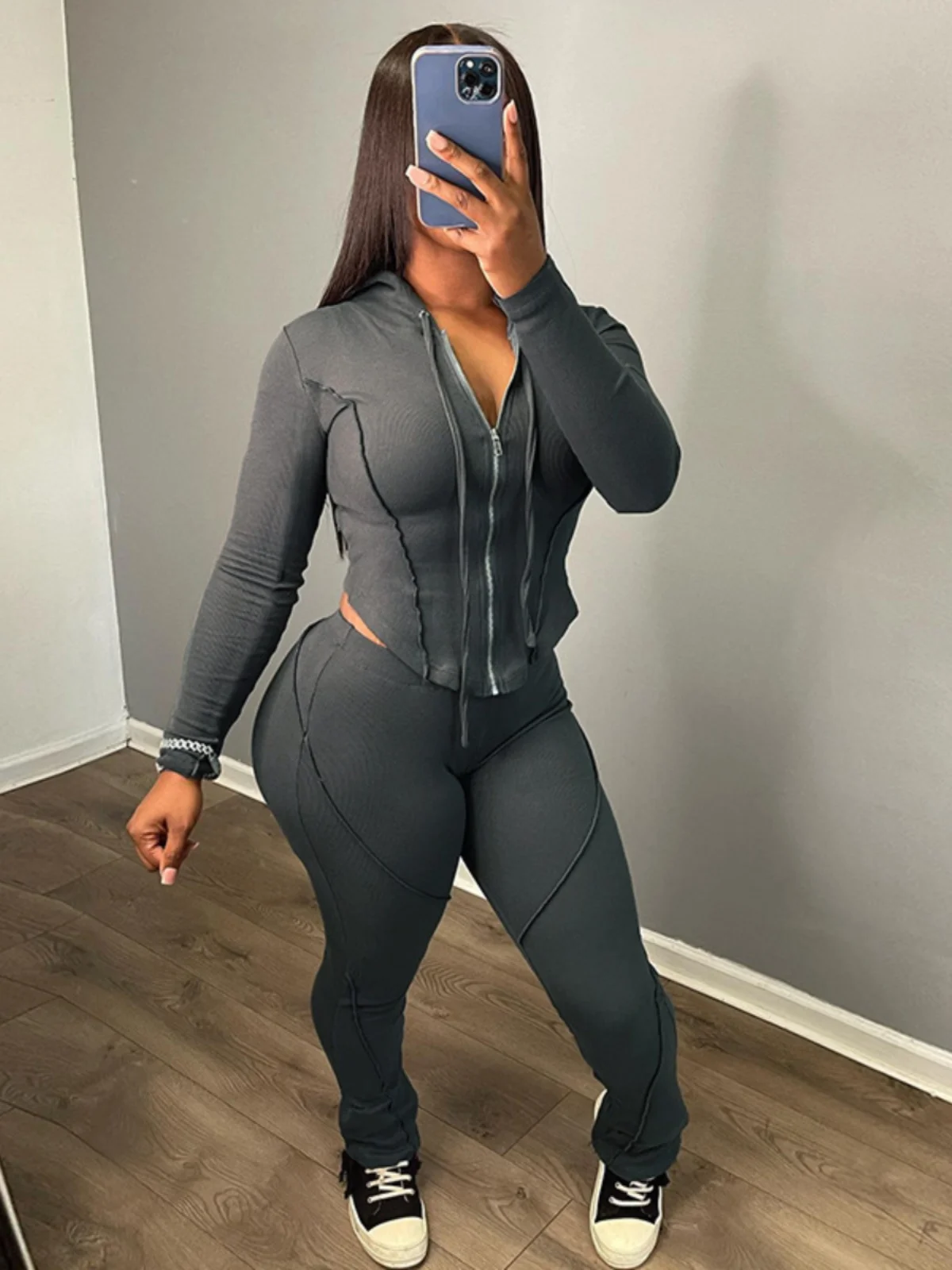 

Long Sve Color Casual Pants Set Faionable Zipper Closure Women's Ensemble Pure Hue Comfortable Fit Winter Wear