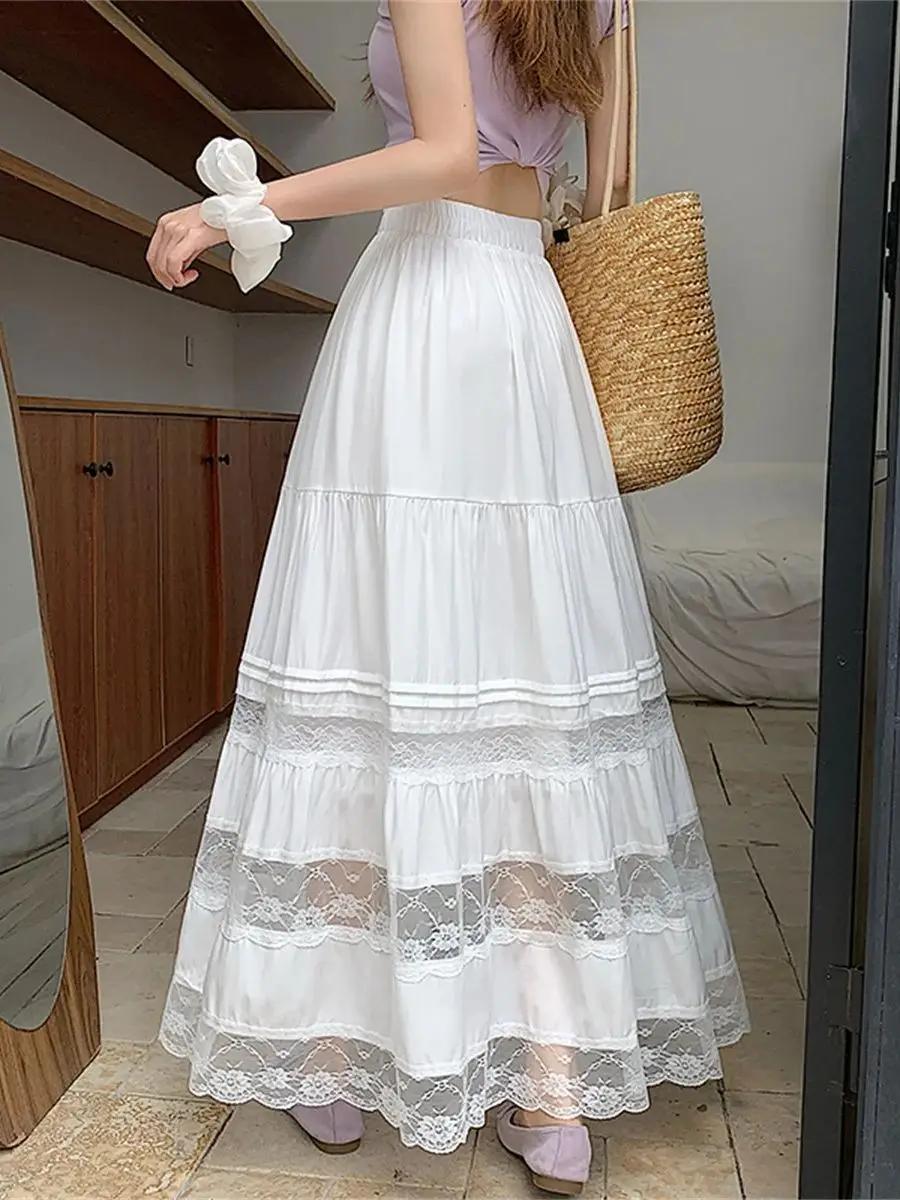Korean Fashion Solid White Lace Splicing Long Skirts Summer Women's Elastic Waist Lace Hollow out Cotton Midi Skirts