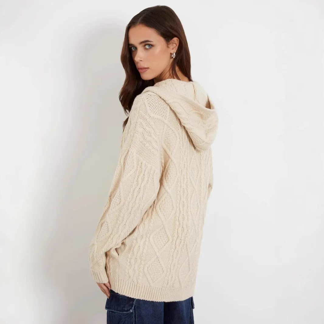 Casual Solid Zipper Hooded Sweaters Women Autumn Fashion Streetwear Lazy Style Long Sleeve Loose Knitted Cardigan Tops