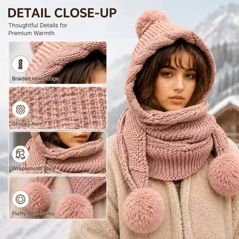 Winter Hat & Scarf Combo for Women - Thick Knit Beanie with Pom Pom & Ear Flaps, One-Piece Wool Bonnet for Extreme Cold