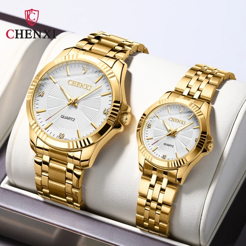 CHENXI 050A Orologio da polso classico da coppia al quarzo Luminoso cinturino in acciaio inossidabile impermeabile Orologio da donna casual da uomo d'affari in oro