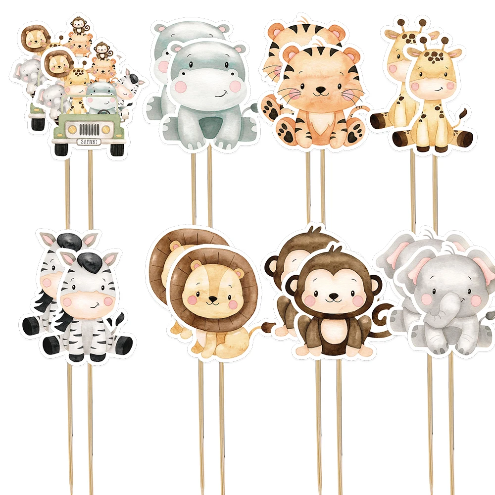 24pcs Carton Wild Animal Cake Toppers Cute Cupcake Topper For Kids Jungle Safari Birthday Party Decoration DIY Cake Supplies