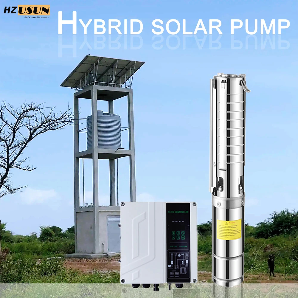 HZUSUN 100M Borewell High Pressure Solar Water Pump for Jojo Water Tank Hybrid ON OFF Grid Solar Powered Well Pump System Prices