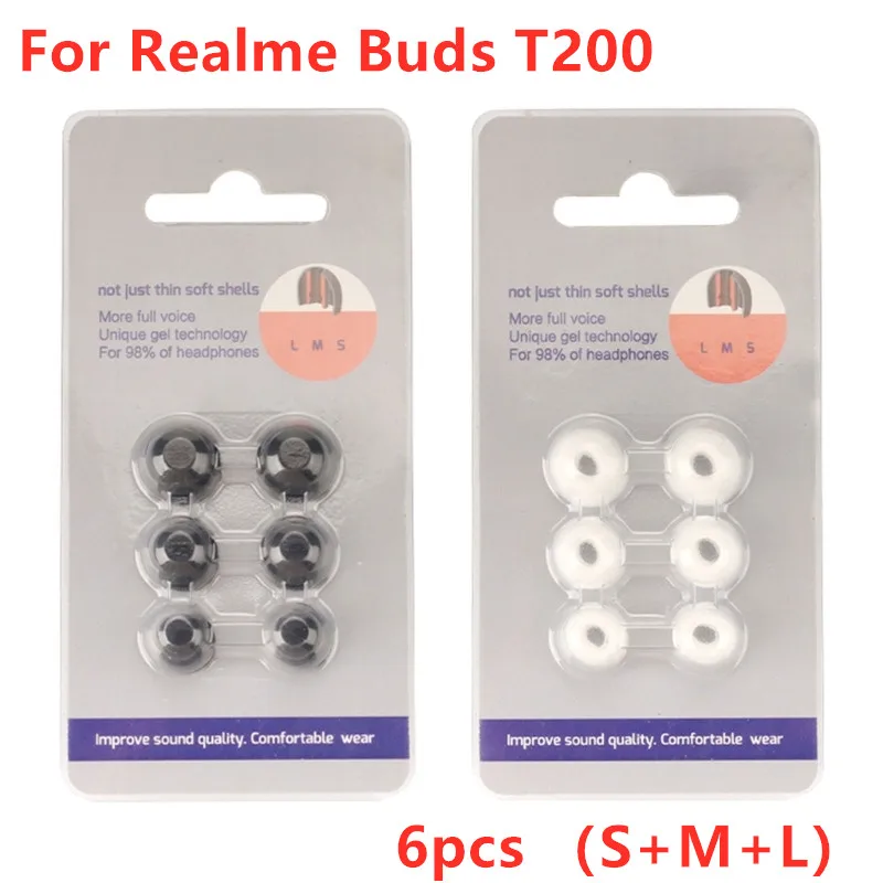 6pcs Earphone Silicone Case For Realme Buds T200 Ear pads Cushion wireless headset In-Ear Ear Caps Covers Earbuds Eartips