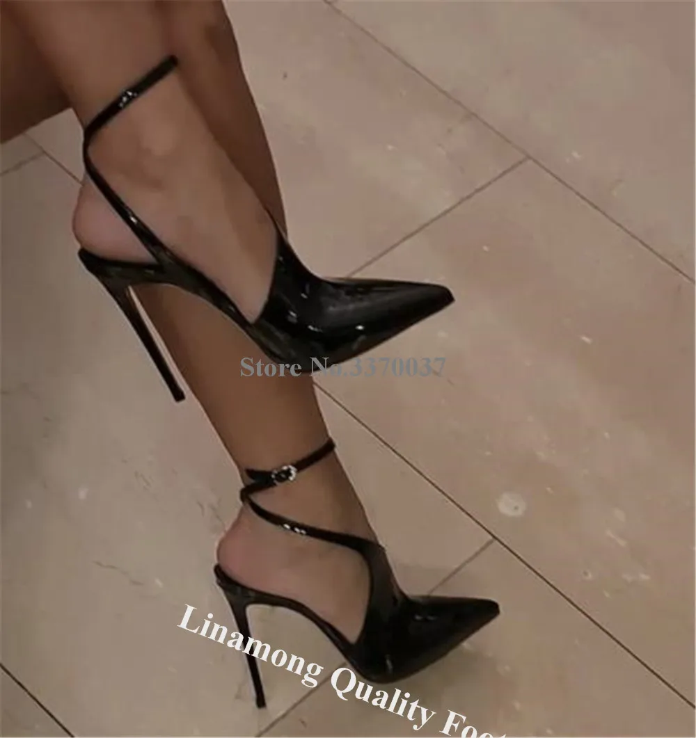 Linamong Sexy Black Beige Patent Leather Stiletto Heel Pumps Pointed Toe Cut-out Straps Cross Thin Heels Party Heels Big Size