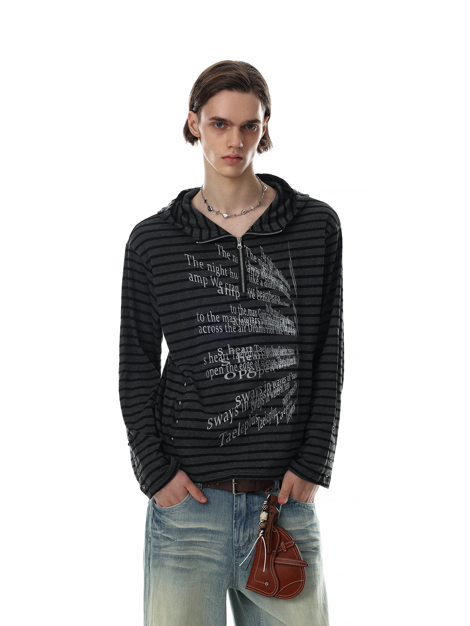 American Dark Style Half Zip Hooded Striped T-Shirt Men's Casual Top Brand MR NEARLY Slim Fit Long Sleeve Printed Tee