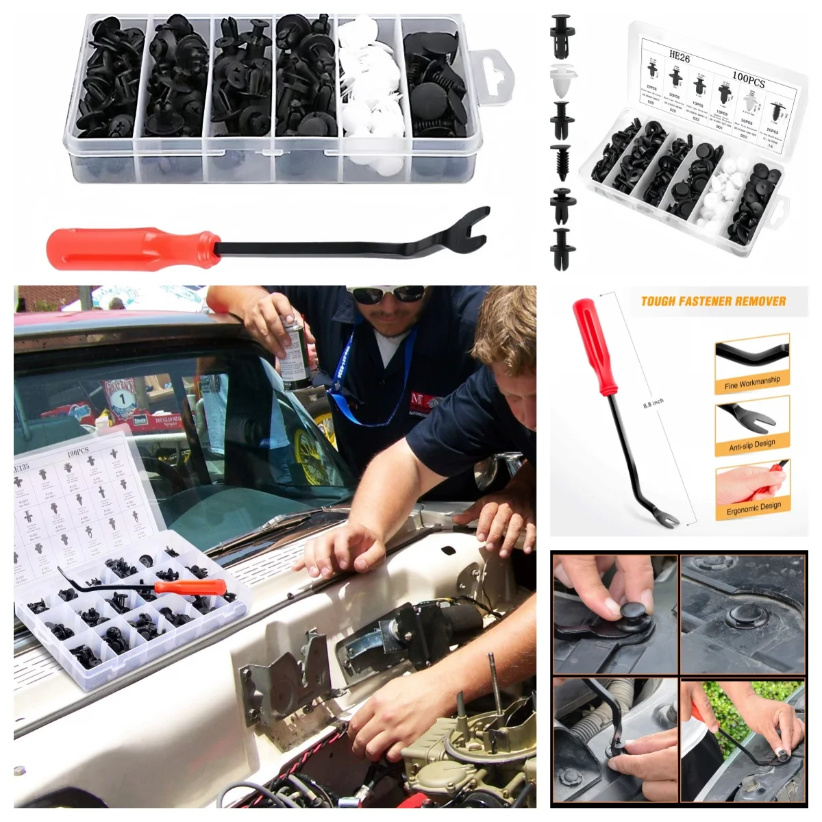 

100 шт. универсальных автомобильных крепежных клипс, набор смешанных фиксаторов для кузова, бампера, дверных панелей + бесплатный инструмент для снятия