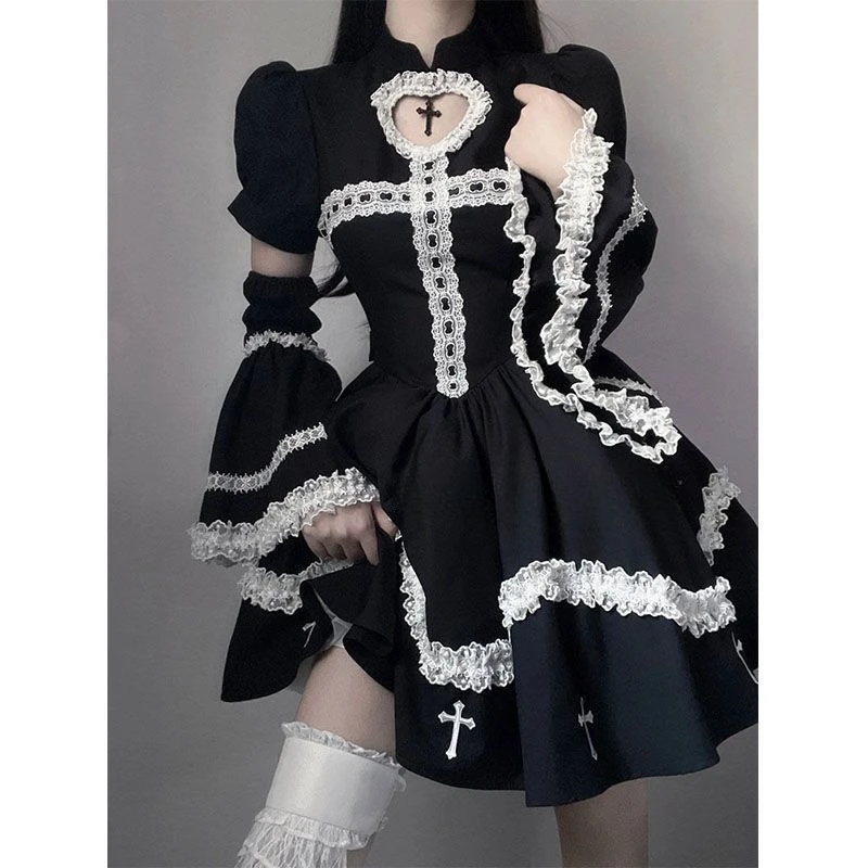 Fashion Japan Lolita Patchwork Lace Appliques Harajuku Dresses Y2k Aesthetic Hollow Out Slim Vintage Dress Streetwear Clothes