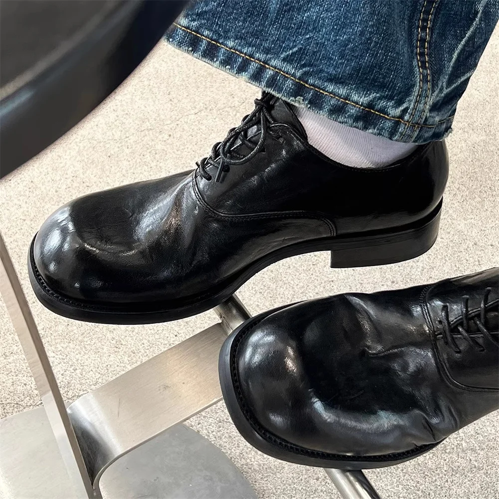 

Cowhide Commuting Elegant Casual Leather Shoes Men Round Toe Low Heel Lace Up Thick Sole Height Increase Handmade Derby Shoes