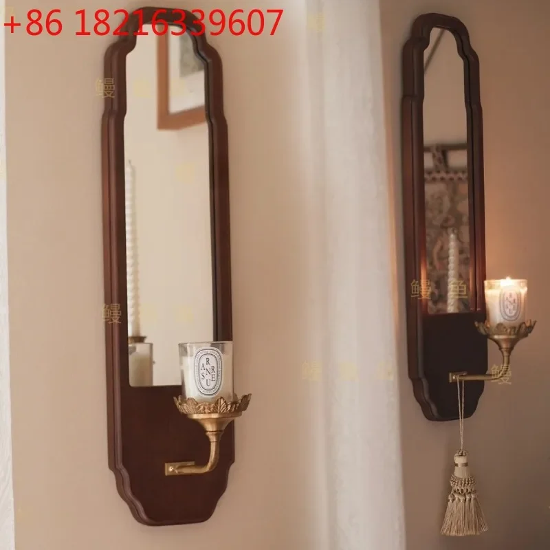 YAO French Vintage Wooden Wall Mirror with Ornate Frame - Antique Brass Candle Holder Decorative Wall-Mounted Candle Sconce for