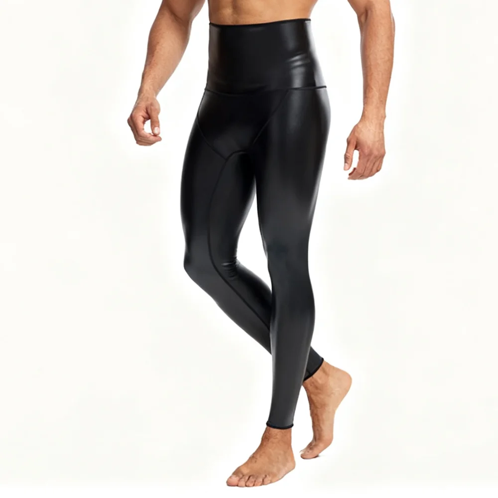 Sexy Men PU Leather Long Pants Black High-waisted Stretchy Yoga Pants Work Out Leggings Sport Fitness Push Up Compress Trousers