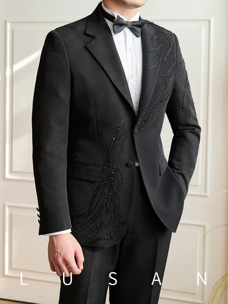 

Temperament Niche Design Sense Black Dress Banquet Hand-made Beaded Slim-fit Host Groom Suit Men