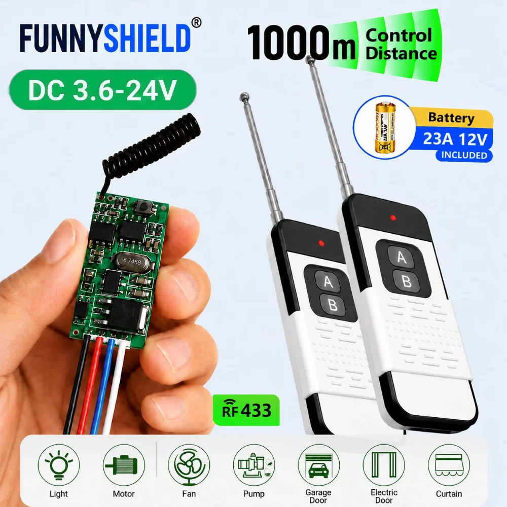 FUNNYSHIELD DC 6V 12V 18V 24V Remote Control Switch 433MHz RF Relay Module 1000m Transmitter for Motor Forwards Reverse Stop DIY