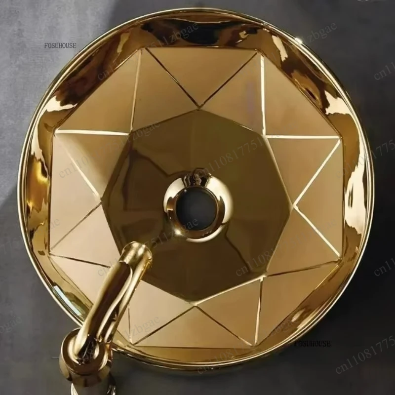 Elegant Gold-plated Ceramic Round Bathroom Basin Complete Set, Inlaid Decor with Pop-up Drain