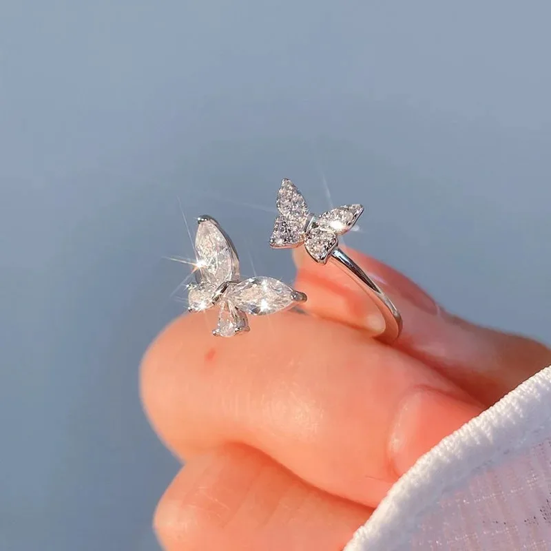 925 Sterling Silver Butterfly Zircon Open Rings for Women Elegant Shiny  Butterfly Rings Wedding Luxury Fine Jewelry Gift