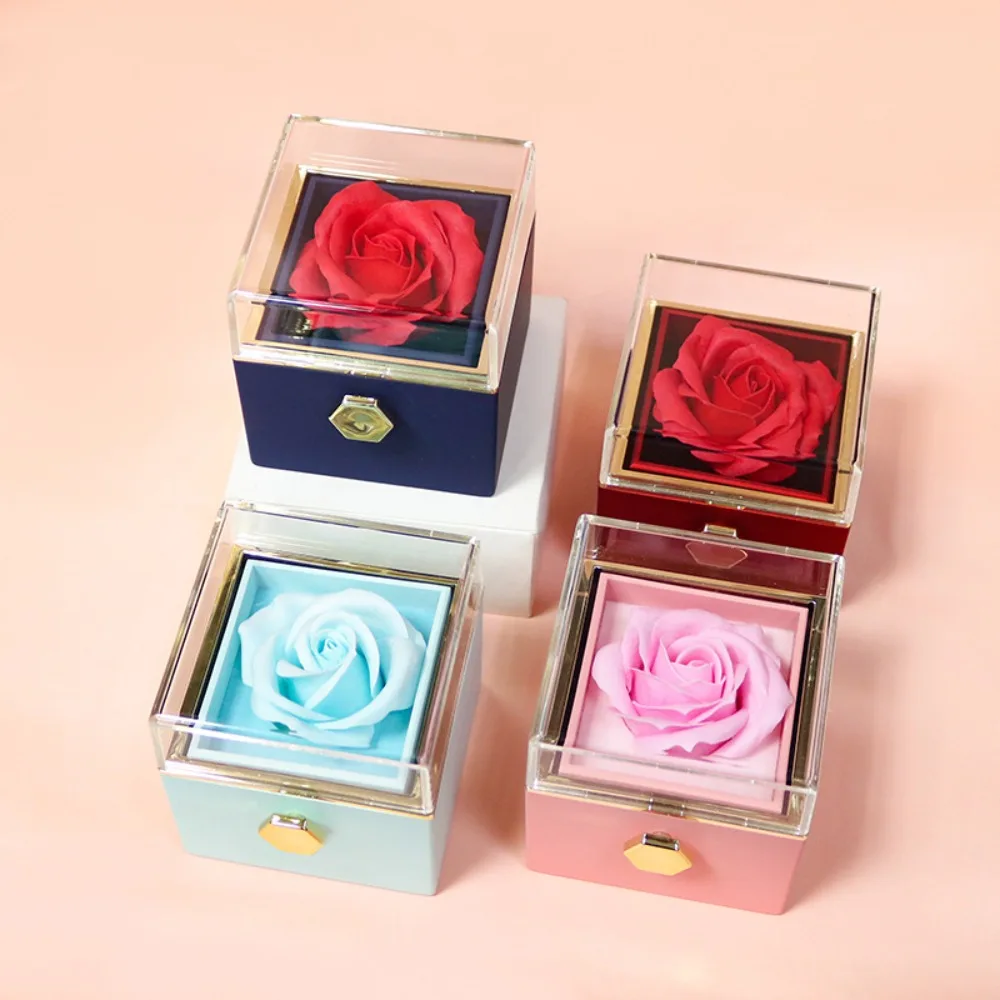 Eternal Rose Rotating Jewelry Box Soap Flower Transparent Lid Rose Gift Box Acrylic With Gift Bag Ring Box Wedding Party