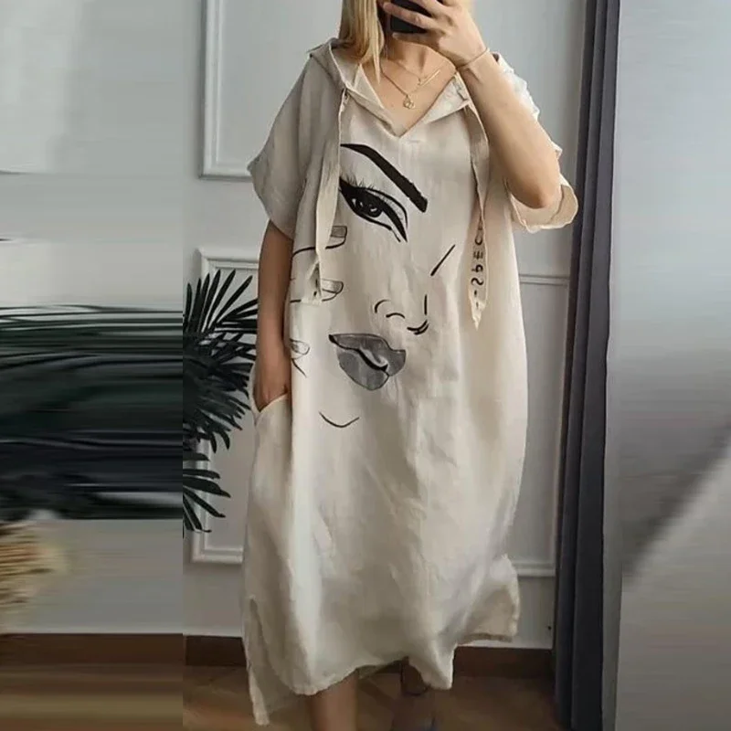 Women Retro Abstract Face Print Hooded Dress Spring V Neck Pocket Party Long Dress Summer Short Sleeve Loose Slit A-Line Dresses