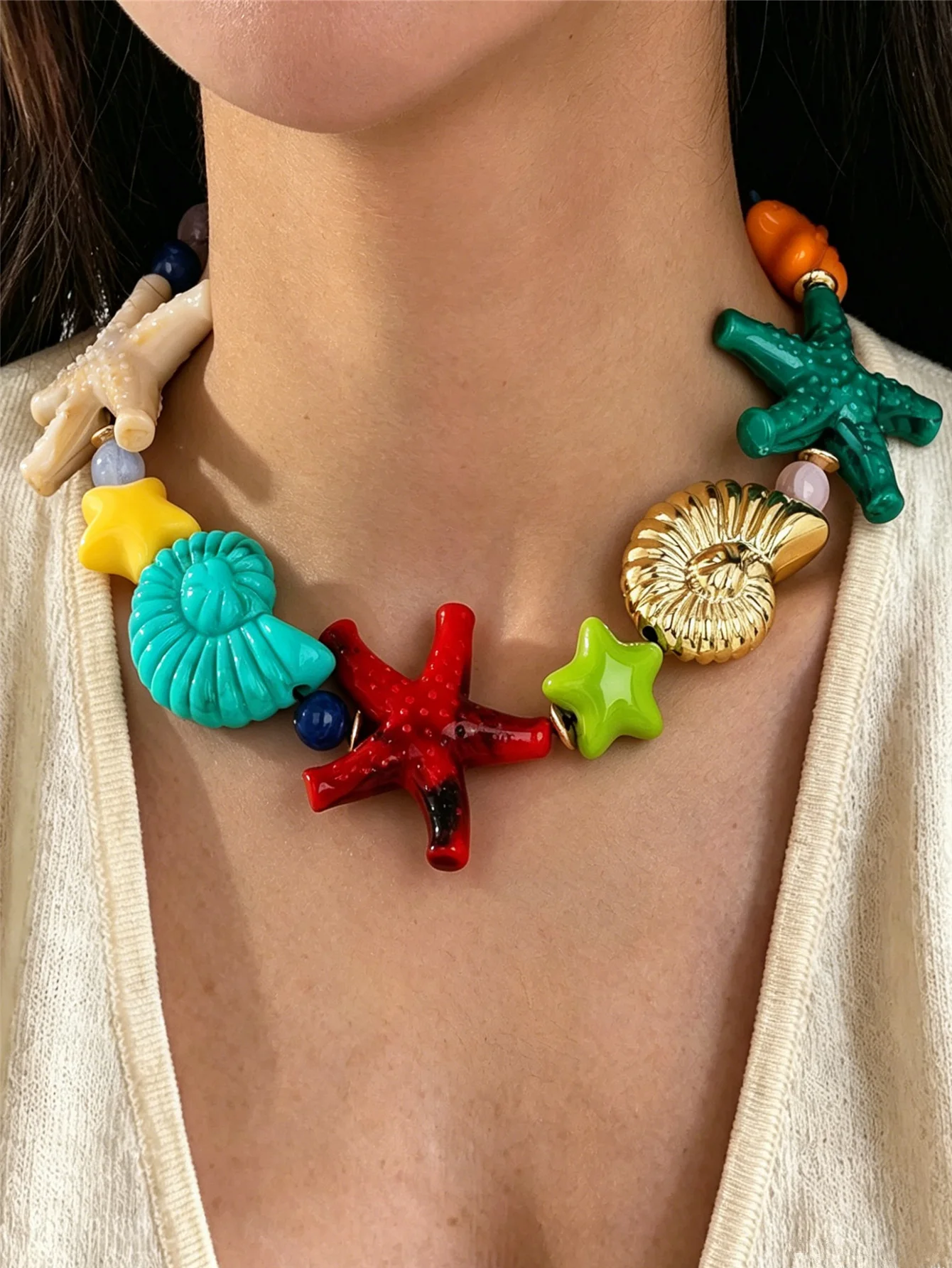 HangZhi Summer New Large Starfish Conch Shell Beaded Collarbone Chain Necklace Vinatge Bohemian Choker Jewelry for Women