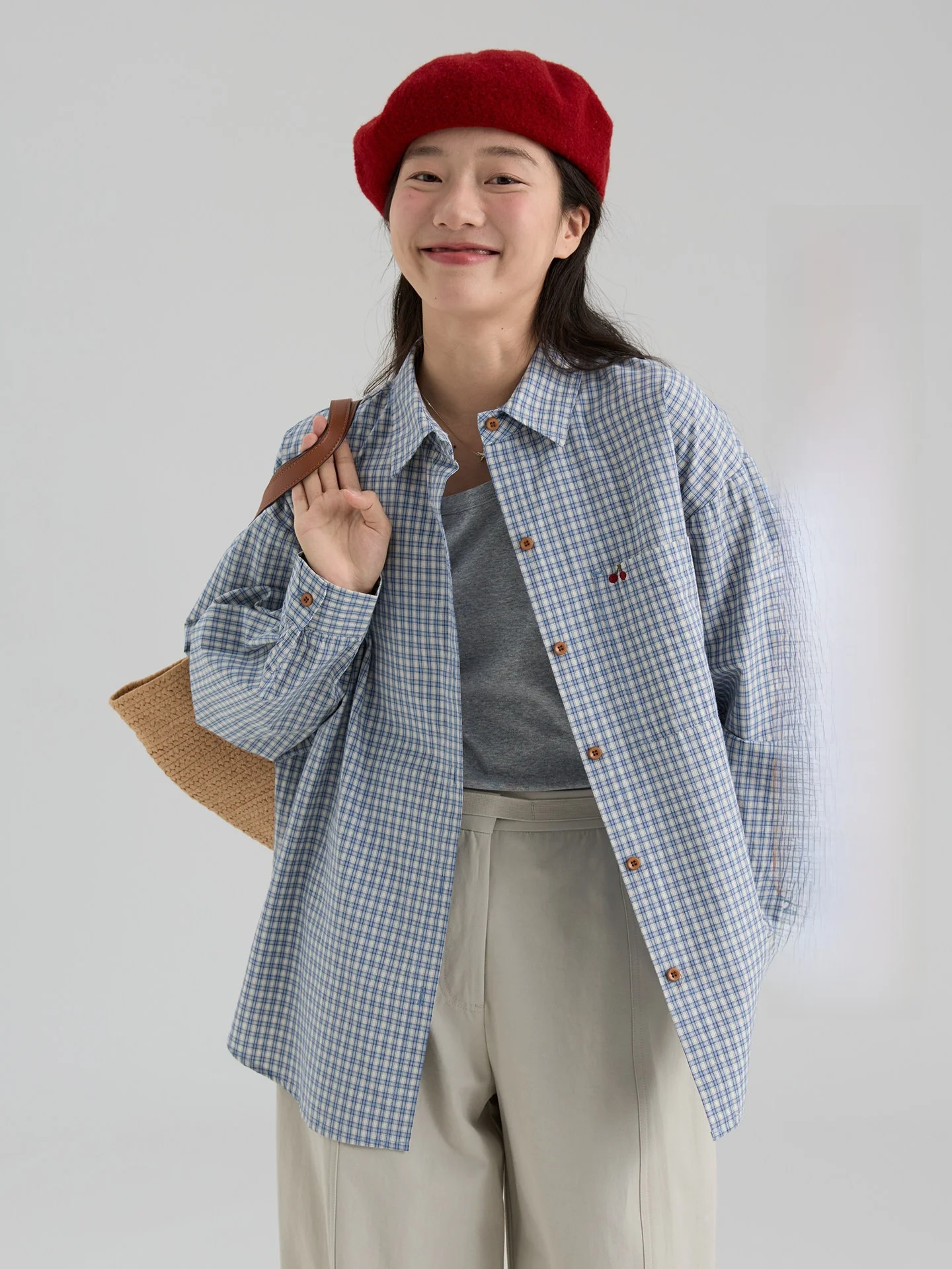 

Loose Fit Women's Long Sve irt Spring 2026 Pure Cotton Embroidered Cherry Plaid Korean Sle Casual Faion irt