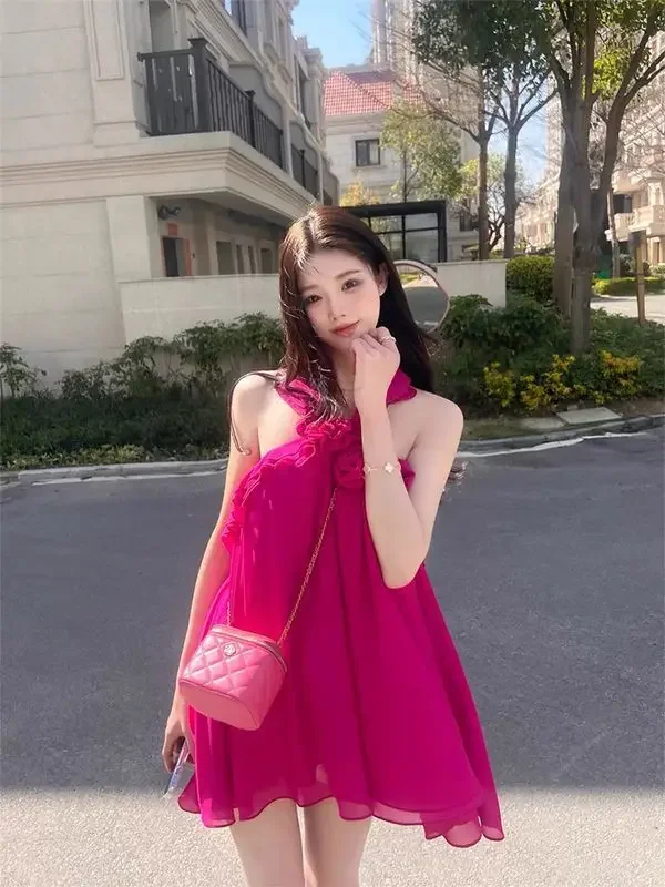 Korejepo French Temperament Rose Red Flower Neck Dress Women Seaside Vacation Explosion Backless A Word Short Skirt Fashion