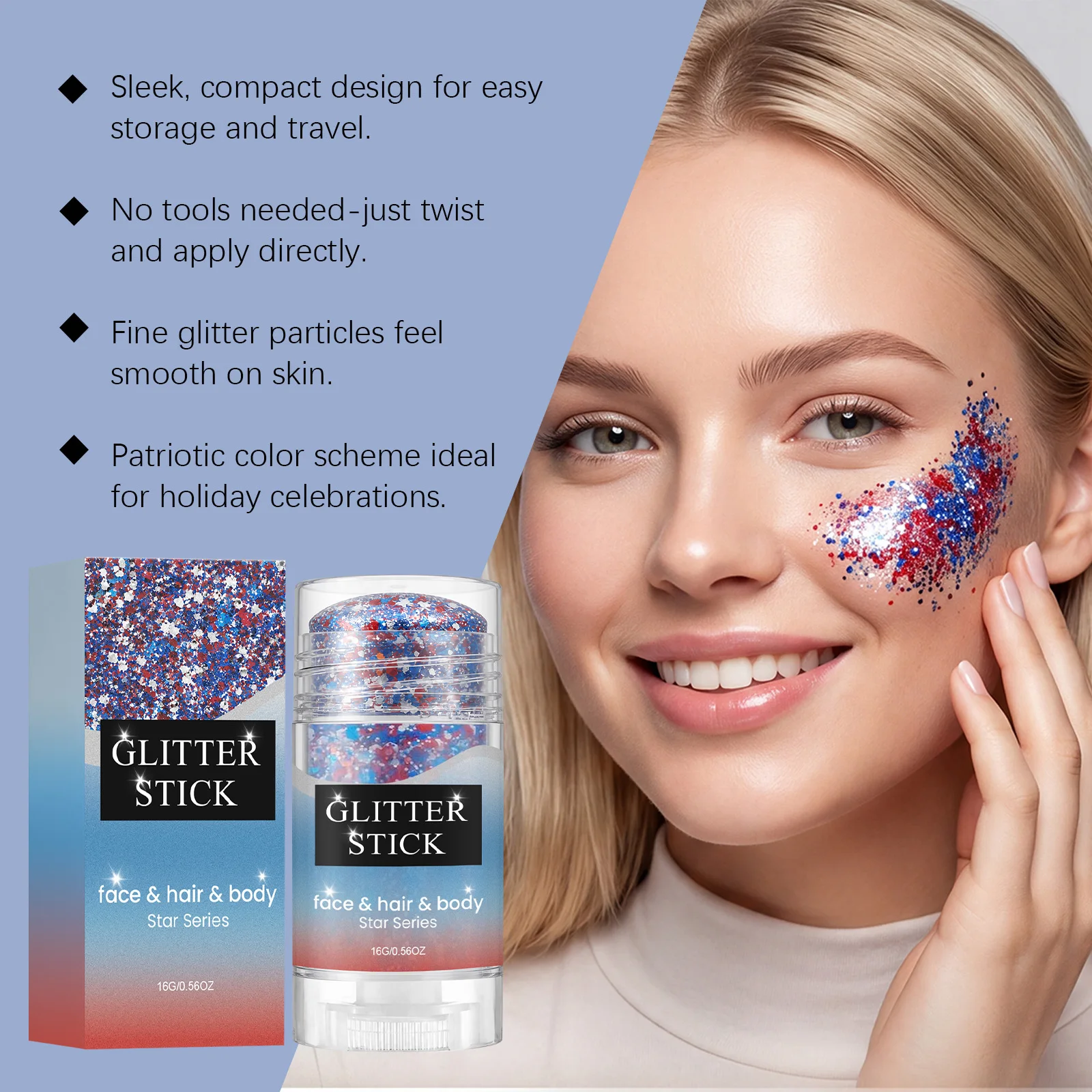 Red White And Blue Glitter Stick Waterproof Party Body Sparkling Sequins Festival Cosmetic Smooth Texture Highlight Makeup Stick