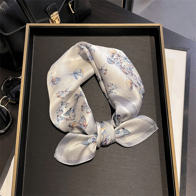 Luxury 100% Pure Silk Square Scarf Women Sweet Butterfly Print Bandana Fresh Neckerchief Hair Scarf Headband Bag Accessory Gift