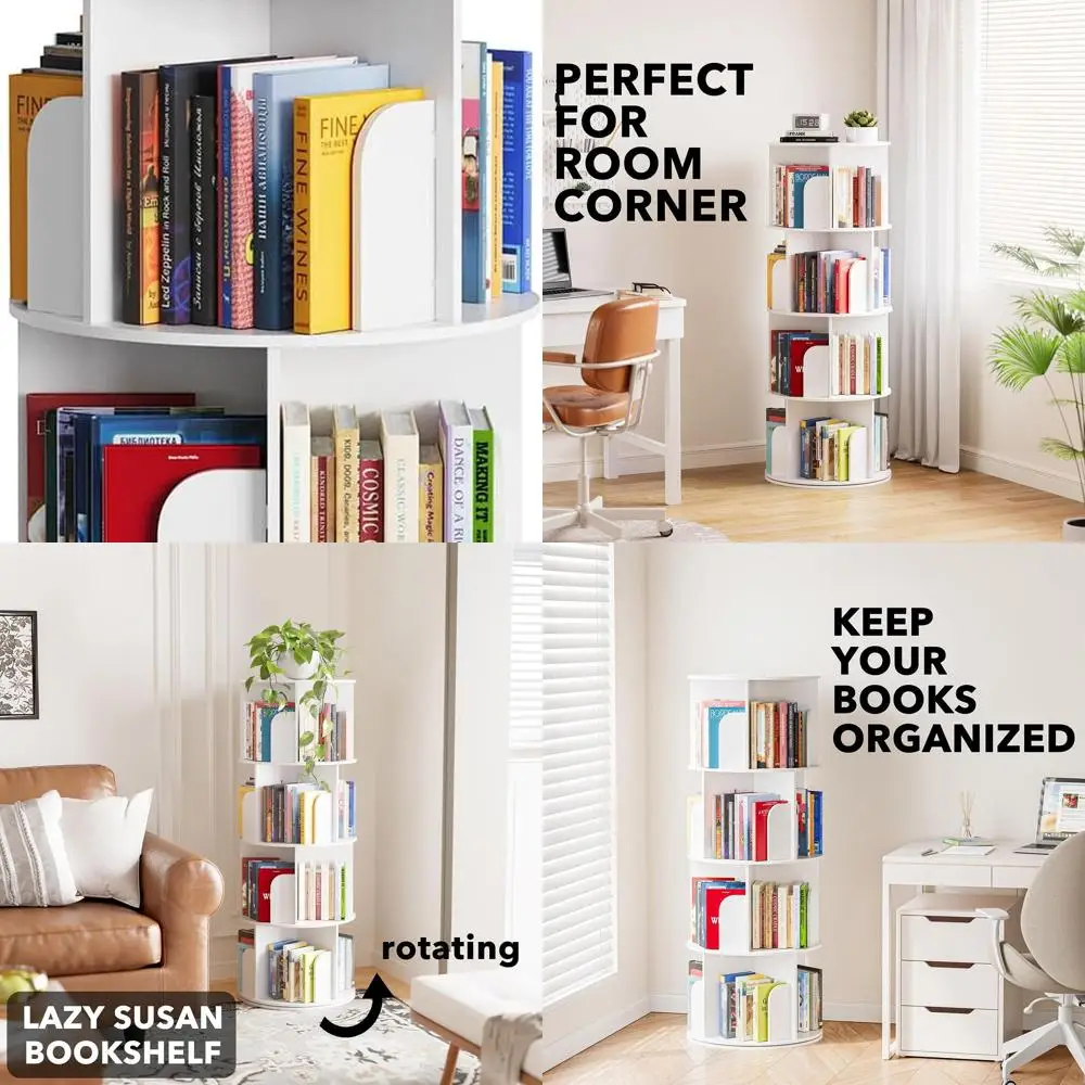 

4-Tier Rotating Bookcase, 360° Spinning Tower, Vertical Revolving Storage Shelf, White