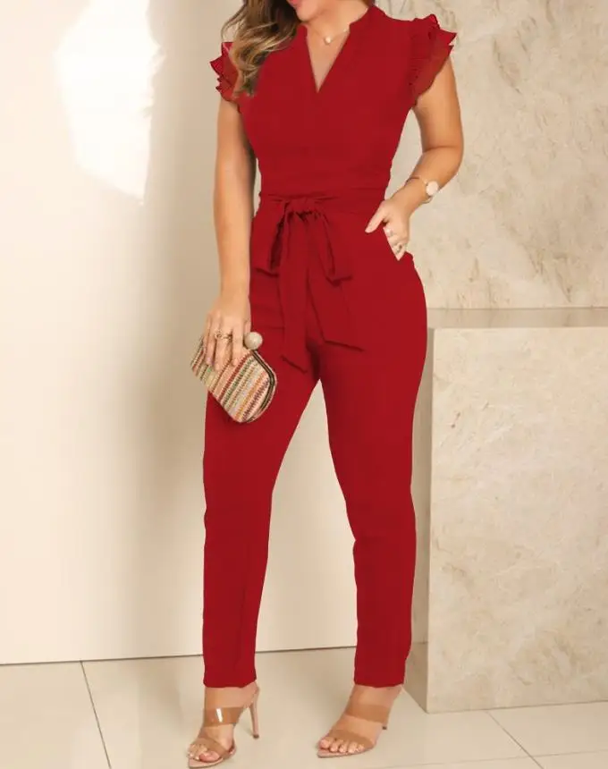 Women's Jumpsuit Elegant 2024 Summer Fashion Solid V-Neck Flutter Sleeve Zipper Pocket Design Pencil Pants Jumpsuit With Belt