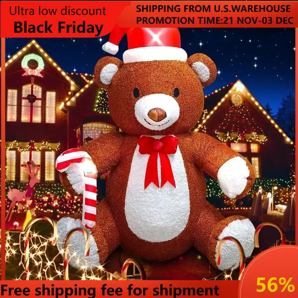 Christmas Fluffy Bear Inflatable with LED Light, Christmas Blow up Indoor Decoration Christmas Bear Inflatable Xmas Ted