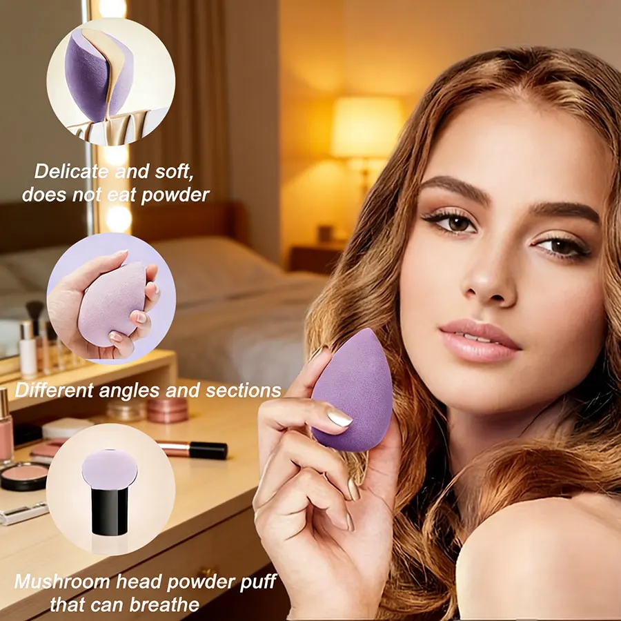 مجموعة من 4 قطع إسفنج مكياج على شكل رأس فطر |   وسائد تجميل للاستخدام الجاف والرطب |   أداة مزج بودرة الأساس