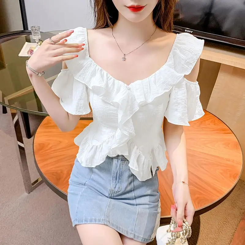 Women's 2024 Summer New V-Neck Spliced Button Fashion Solid Color Slim Minimalist Comfortable Casual Short Sleeve Blouses Shirts