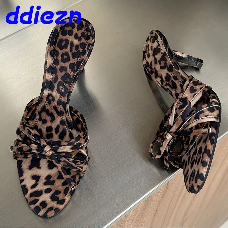 Big Size Footwear Leopard Print Women Pumps Heels Slides New 2024 Female Fashion Butterfly-Knot Ladies Thin Heels Slippers Shoes