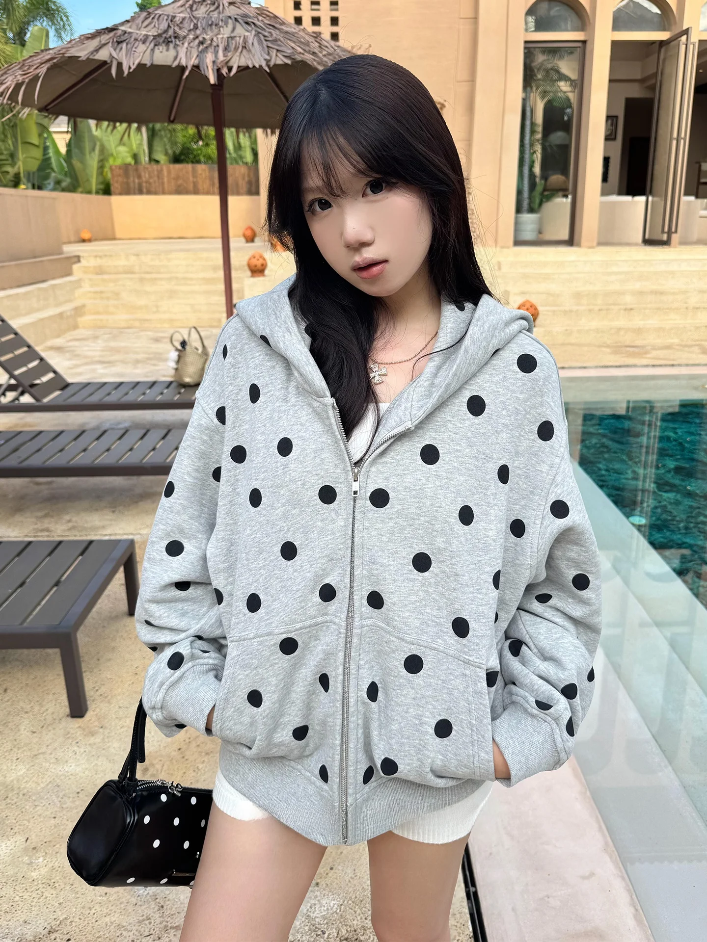 

Женская толстовка с капюшоном на молнии в стиле ретро с американским принтом в горошек, свободного кроя, для ранней весны, повседневная, парная модель