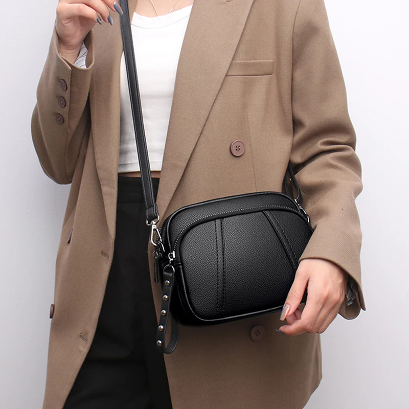 Einfarbige modische Niet Reiß verschluss Damen Handy tasche einfache weiche Leder Schulter Cross body kleine quadratische Tasche Handtasche – Detail 6