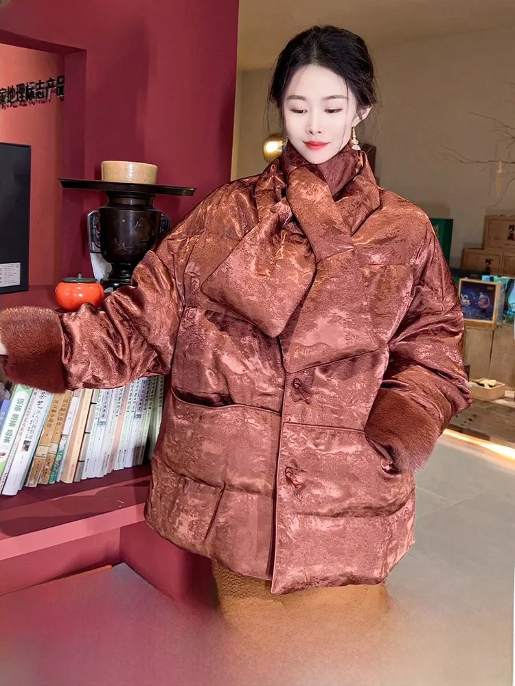 

Detachable Scarf New Chinese Sle National Faion Du down Coat Women's Winter Warm Outerwear Water Rabbit Fur Coat