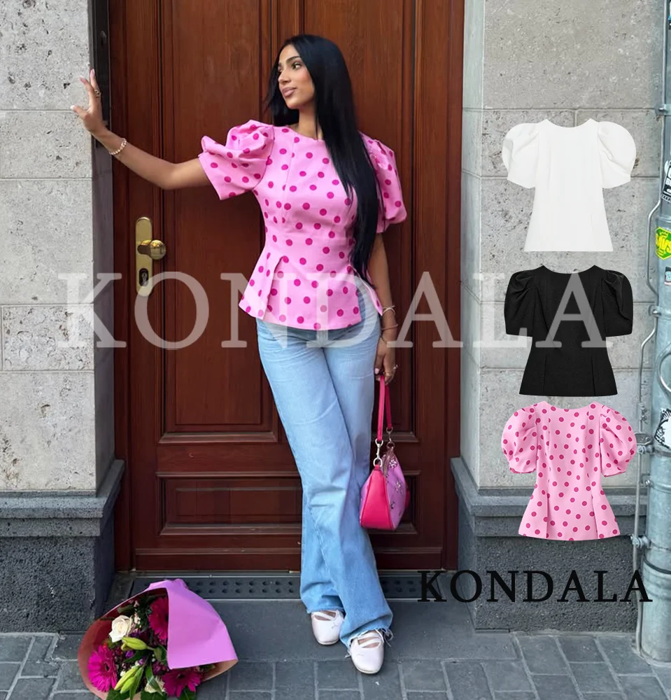 

Women Elegant Chic Short Sleeve Top KONDALA 2026 Spring Summer Trendy Bubble Sleeve Shirt Female Leisure High Street Slim Tops