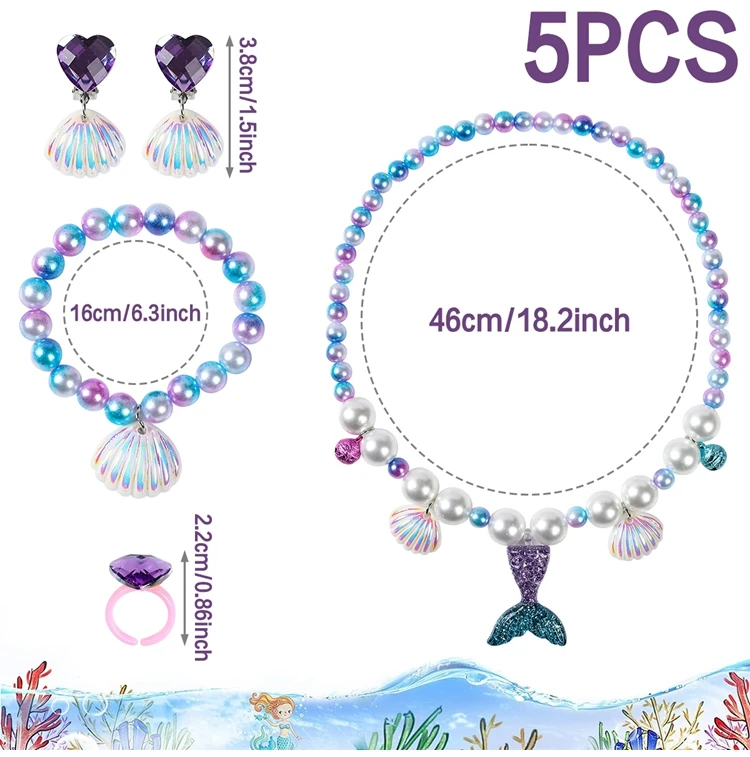 Juego de 5 Piezas de Joyería con Colgante de Concha de Sirena para Niña, Collar y Pulsera, Regalo para Hija, Sobrina, Niñas, Recuerdo de Fiesta de Cumpleaños