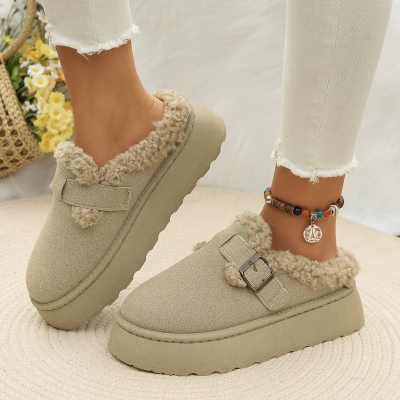 2024Fashion Plush Flat Shoes Women Suede Round Toe Solid Color Women Snow Boots Warm Flat Non-slip Women Ankle Boots Botas Mujer