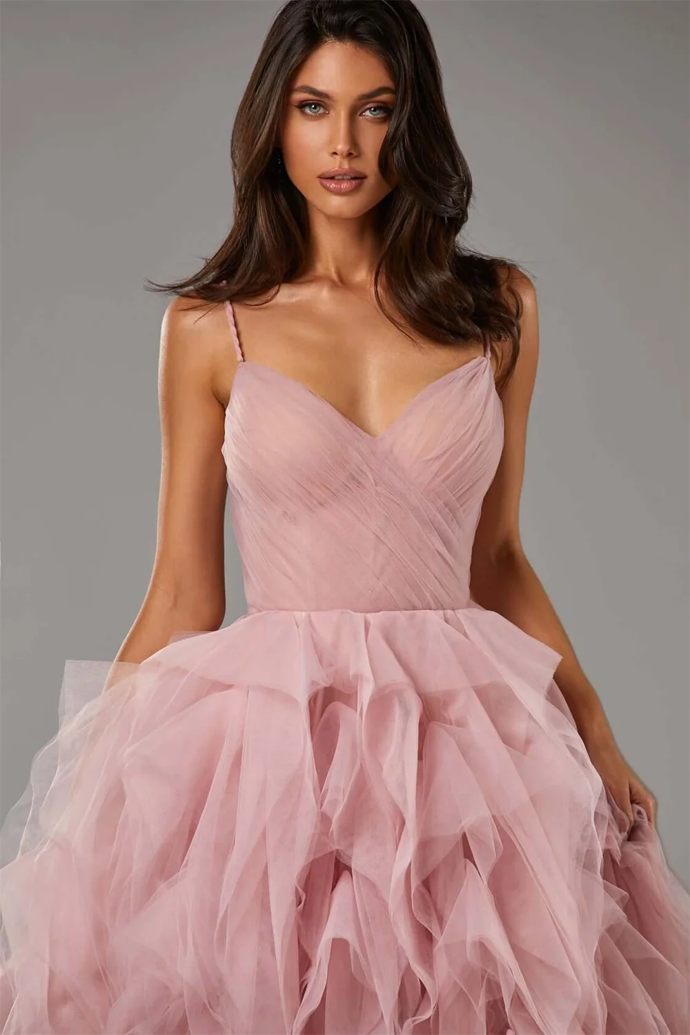 Sansa-vestido De graduación con borde elegante, Vestidos De Noche De princesa con tirantes finos, Vestidos De fiesta hinchados, color rosa Nude