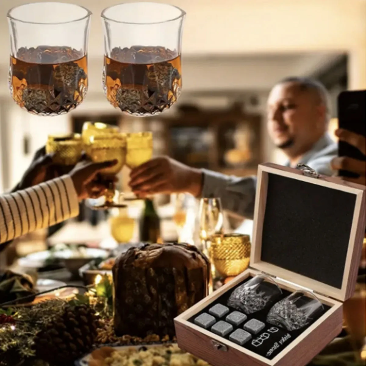 Father's Day Gift for Men Whiskey Stones Glasses Set,Granite Ice Cube For Whisky in Wooden Bottle Box,Present For Dad Husband