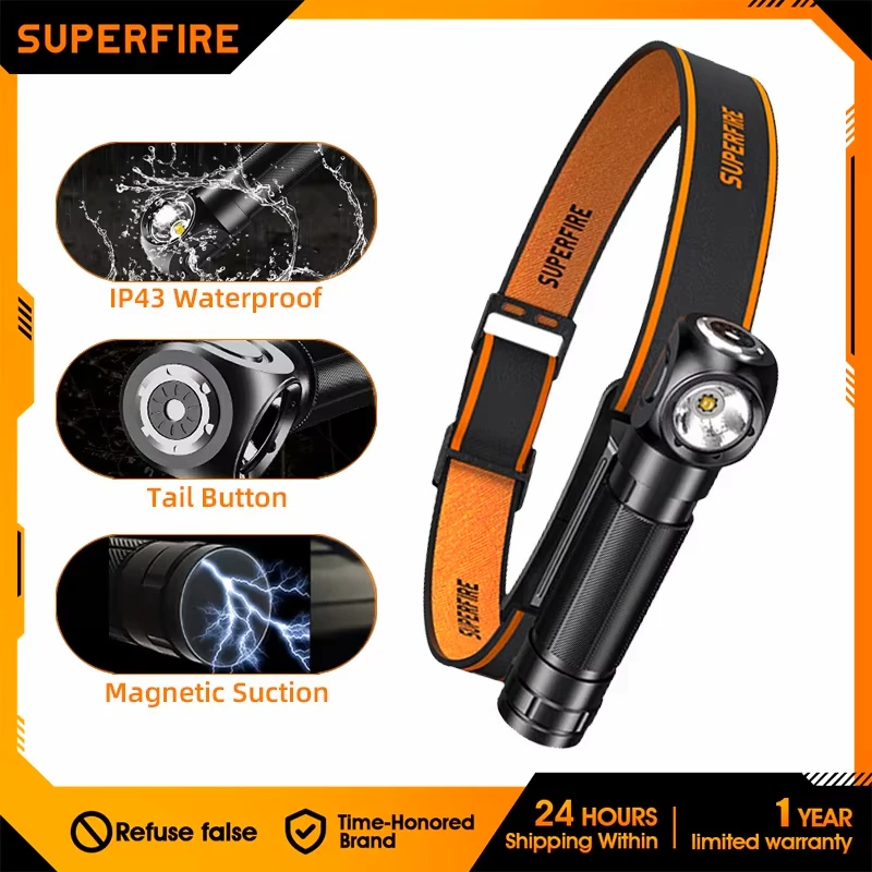 Superfire th03 farol led de alta potência usb c recarregável mini 16340 edc lanterna de cabeça angular com farol de trabalho de cauda magnética