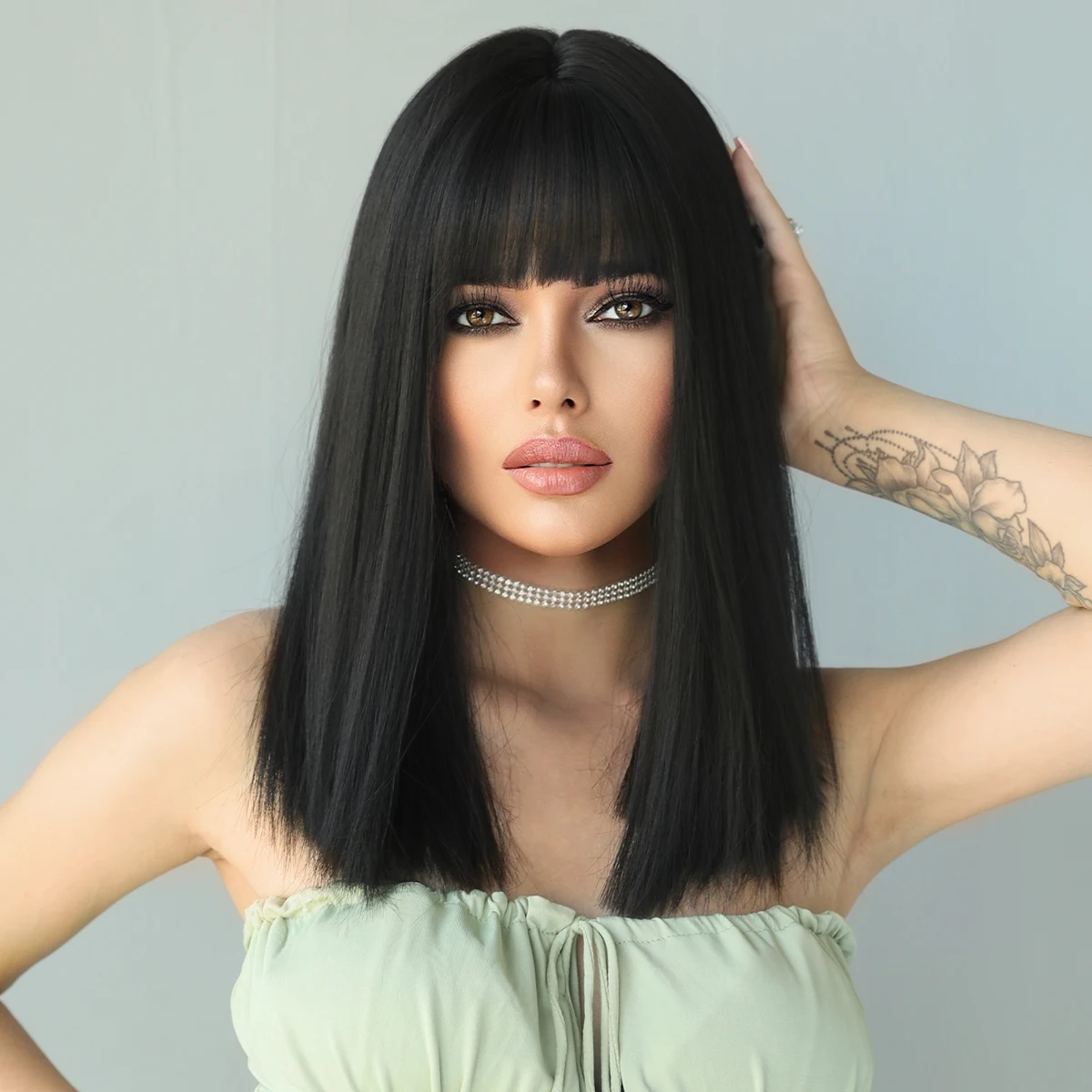 NAMM Natural Long Straight Synthetic Black Wigs with Bangs Heat Resistant Wig for Women Cosplay Lolita Wig for Afro Black Female