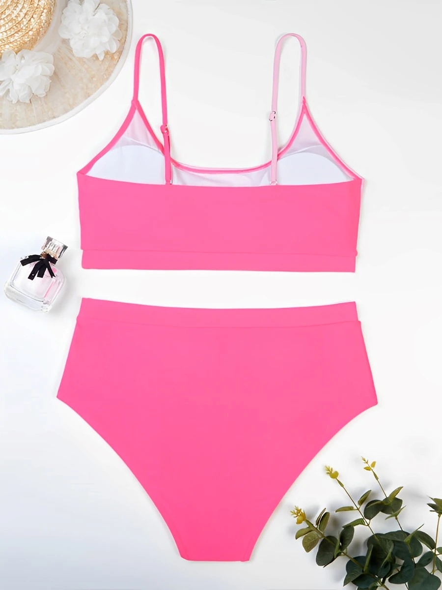 2024 Large Size Block Color Bikini Two Piece High Waist Swimsuit Women Swimwear Female Bathing Suit Beachwear Swimming