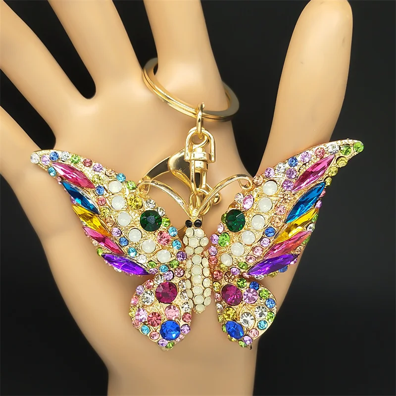 Colorful Rhinestone Butterfly Key Chain Pendant Gold Color Metal Animal Insect Keyring for Women Girl Jewelry Gift llaveros