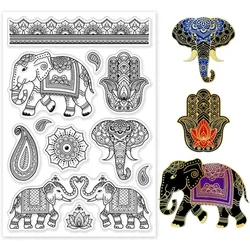 Indian Elephant Clear Stamps for DIY Scrapbooking Paisley Hamsa Pattern Silicone Stamp Seals Transparent Stamp for Cards